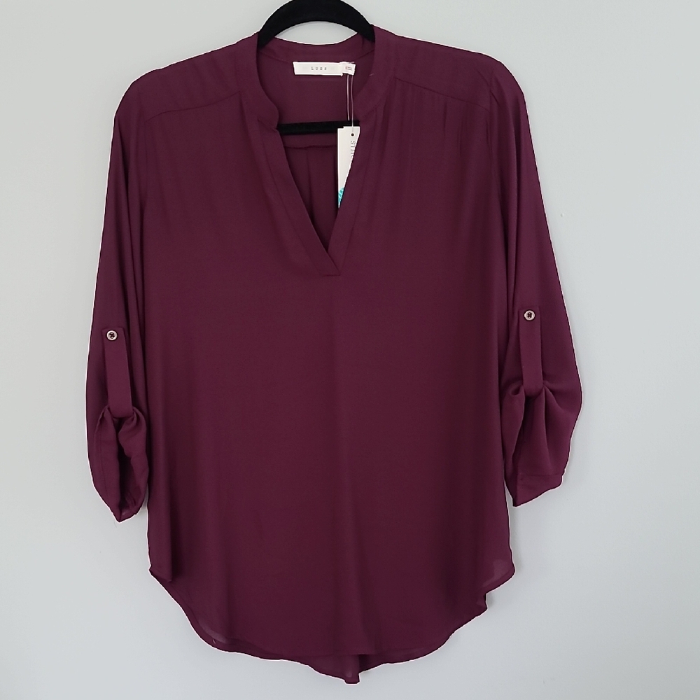 Lush Burgundy 3/4 Sleeve Mandarin Collar Blouse